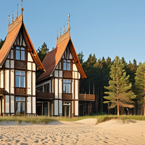 **Prompt 1: Nature and Architecture Harmony**
    A wide, serene panorama of Jūrmala, Latvia, capturing the harmonious blend of its natural beauty and distinctive architecture. In the foreground, the vast expanse of fine, soft sand meets the gentle waves of the Baltic Sea under a clear sky. Behind the beach, a dense, fragrant pine forest stretches, with sunlight filtering through the tall trees. Scattered within this natural landscape, elegant Art Nouveau wooden houses with intricate carvings, decorative balconies, and unique towers stand out, their facades bathed in the warm, soft light of a summer morning or late afternoon. The overall atmosphere is peaceful, inviting, and exudes a sense of timeless charm.