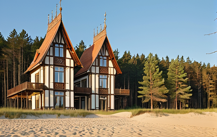 **Prompt 1: Nature and Architecture Harmony**
    A wide, serene panorama of Jūrmala, Latvia, capturing the harmonious blend of its natural beauty and distinctive architecture. In the foreground, the vast expanse of fine, soft sand meets the gentle waves of the Baltic Sea under a clear sky. Behind the beach, a dense, fragrant pine forest stretches, with sunlight filtering through the tall trees. Scattered within this natural landscape, elegant Art Nouveau wooden houses with intricate carvings, decorative balconies, and unique towers stand out, their facades bathed in the warm, soft light of a summer morning or late afternoon. The overall atmosphere is peaceful, inviting, and exudes a sense of timeless charm.