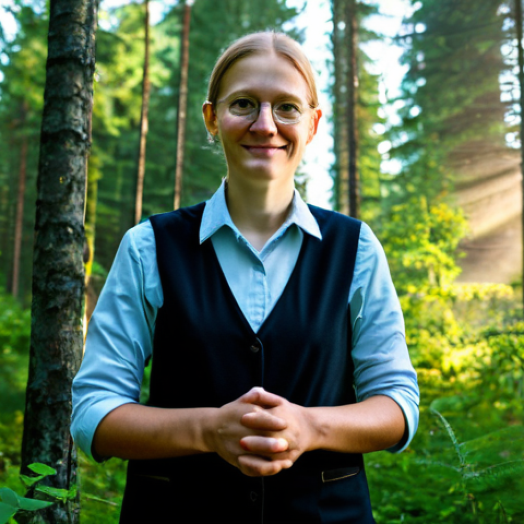 A professional environmental scientist in modest, practical outdoor professional attire, standing peacefully within a vibrant, sustainably managed Latvian forest. Sunlight streams through the dense canopy, illuminating the healthy trees and lush undergrowth. The scene captures the essence of biodiversity and responsible nature stewardship, with a focus on healthy ecosystems. perfect anatomy, correct proportions, natural pose, well-formed hands, proper finger count, natural body proportions, professional photography, high detail, ultra-realistic, natural light, fully clothed, modest clothing, appropriate attire, professional dress, safe for work, appropriate content, family-friendly.