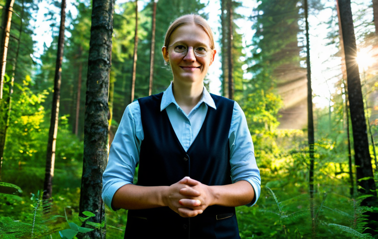A professional environmental scientist in modest, practical outdoor professional attire, standing peacefully within a vibrant, sustainably managed Latvian forest. Sunlight streams through the dense canopy, illuminating the healthy trees and lush undergrowth. The scene captures the essence of biodiversity and responsible nature stewardship, with a focus on healthy ecosystems. perfect anatomy, correct proportions, natural pose, well-formed hands, proper finger count, natural body proportions, professional photography, high detail, ultra-realistic, natural light, fully clothed, modest clothing, appropriate attire, professional dress, safe for work, appropriate content, family-friendly.