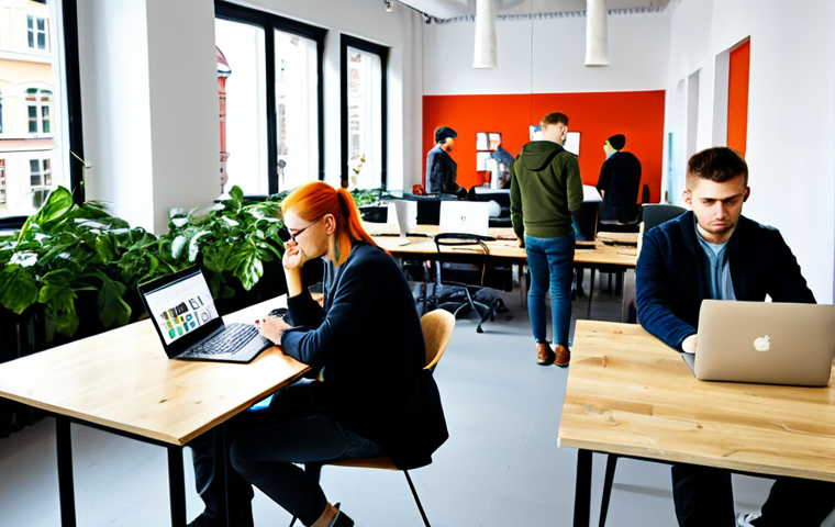 라트비아 IT 산업 - **
"A bustling coworking space in Riga, Latvia, filled with young entrepreneurs working on laptops,...