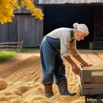 라트비아 대표 음식  그레이 펜넛츠 - A rustic Latvian countryside autumn scene showcasing traditional gray peanuts being hand-harvested b...