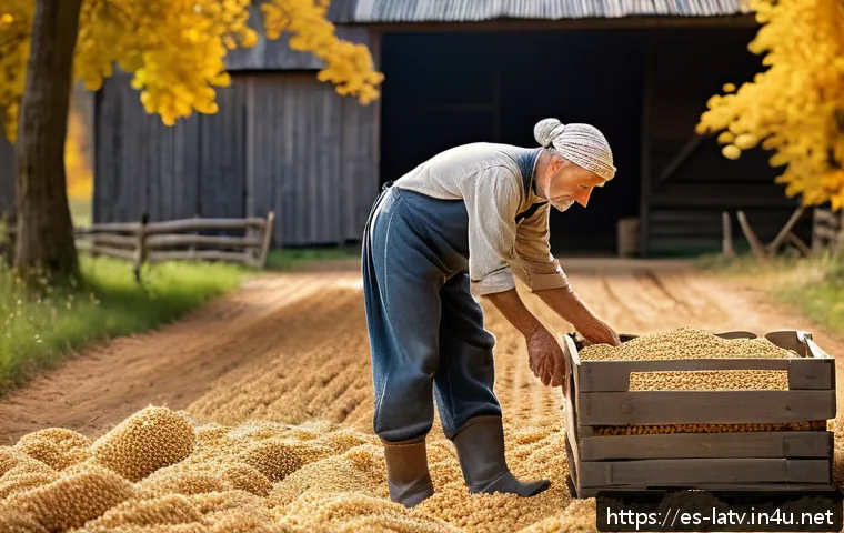 라트비아 대표 음식  그레이 펜넛츠 - A rustic Latvian countryside autumn scene showcasing traditional gray peanuts being hand-harvested b...