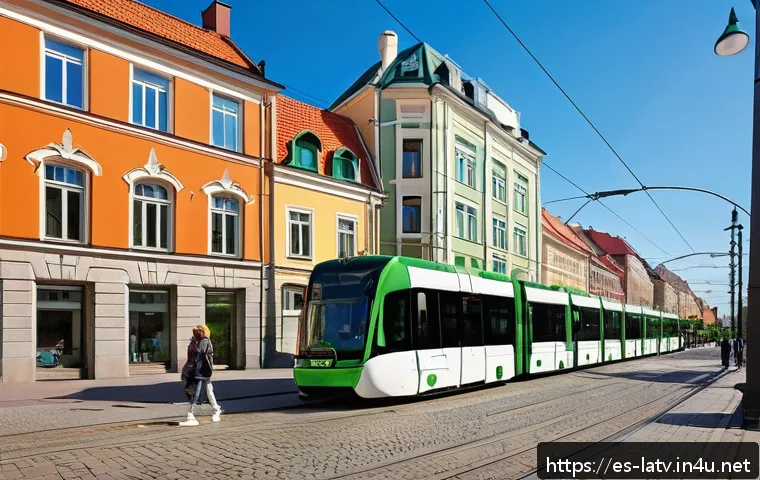 라트비아 부동산 투자 전망 - A vibrant urban scene in Riga, Latvia, showcasing modern residential buildings with eco-friendly des...