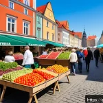 라트비아 물가 비교 - A vibrant local market scene in Riga, Latvia, showcasing colorful stalls filled with fresh fruits, v...