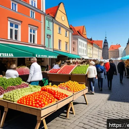 라트비아 물가 비교 - A vibrant local market scene in Riga, Latvia, showcasing colorful stalls filled with fresh fruits, v...