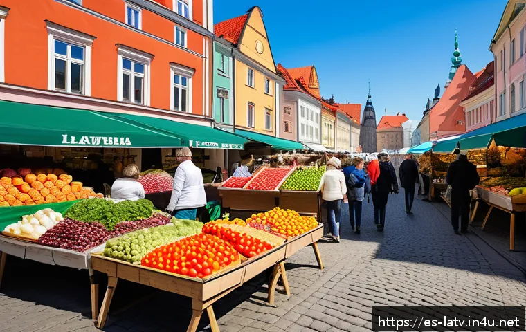 라트비아 물가 비교 - A vibrant local market scene in Riga, Latvia, showcasing colorful stalls filled with fresh fruits, v...