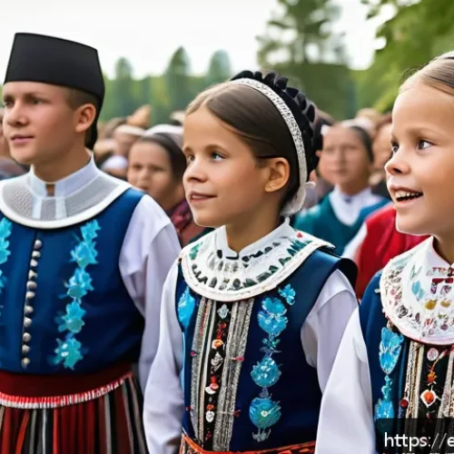 라트비아 송 축제 - A vibrant scene of a Latvian folk music festival outdoors during daytime, showcasing hundreds of par...