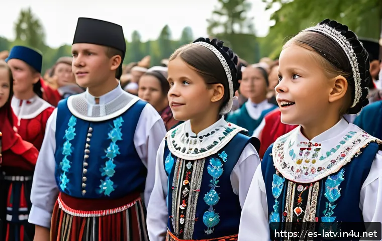 라트비아 송 축제 - A vibrant scene of a Latvian folk music festival outdoors during daytime, showcasing hundreds of par...