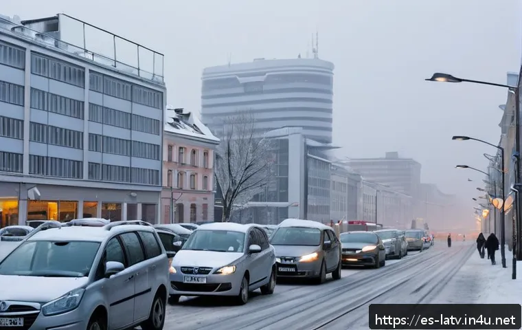 라트비아 대기오염 수준 - A detailed urban scene in Riga, Latvia, showing heavy traffic with cars emitting visible exhaust fum...