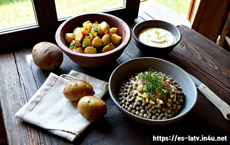 라트비아 전통 음식 - Photorealistic rustic Latvian traditional food spread on a dark wooden farmhouse table: grey peas wi...