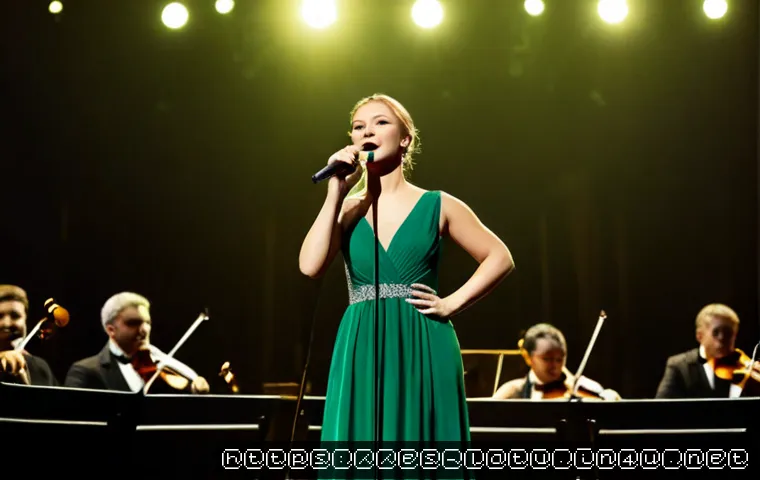 Home 17 라트비아 유명 가수 - Photorealistic portrait of a celebrated Latvian female singer performing on an elegant concert hall ...