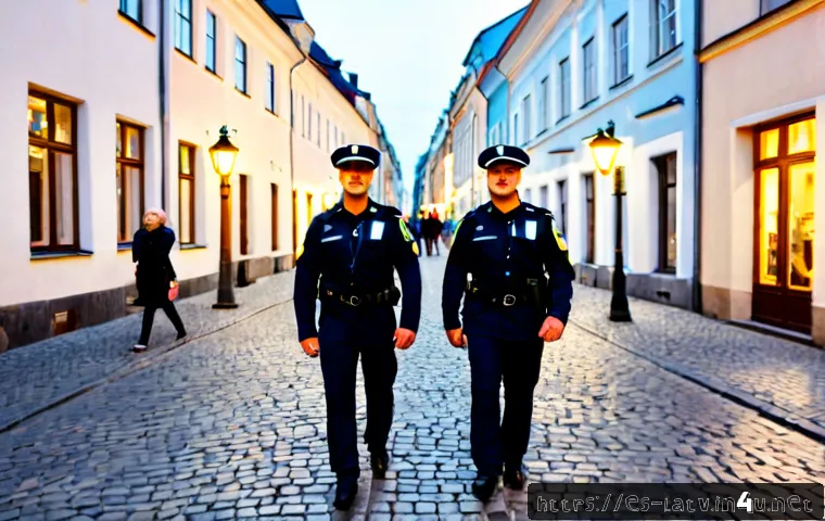 라트비아 범죄율 - Photorealistic evening street scene in Riga, Latvia, a calm well-lit historic Old Town pedestrian st...